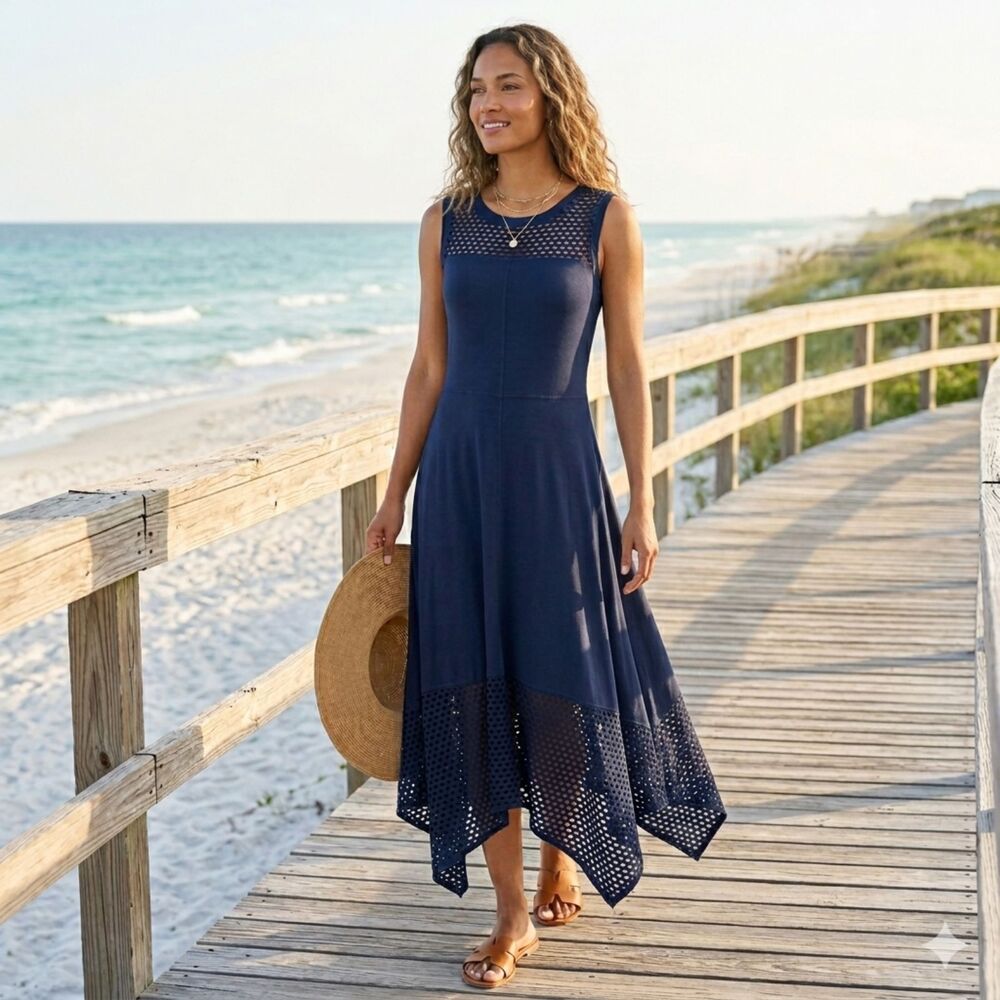 Laser Cut Mesh Boho Maxi Dress Liquid Drape Handkerchief Hem Spense S Navy Blue